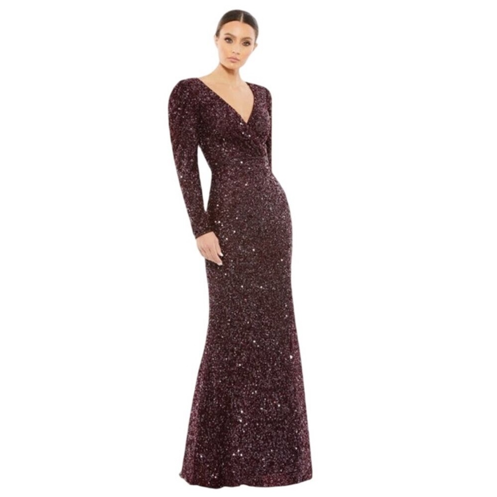 MAC DUGGAL Dress Size 6 Evening Gown Sequin NEW Purple Puff Shoulder V Neck